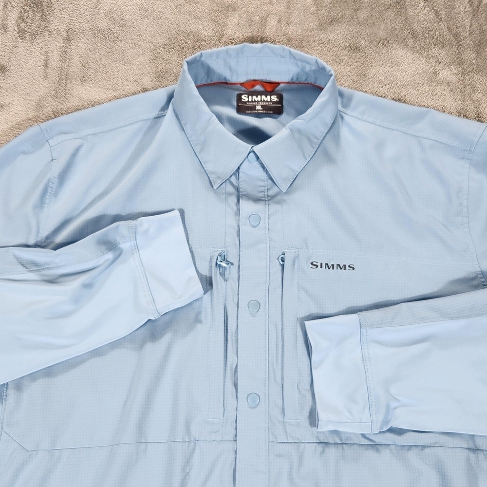 Simms Shirt Mens XL Blue Long Sleeve‎ Fishing Button Front Zip Chest Pockets
